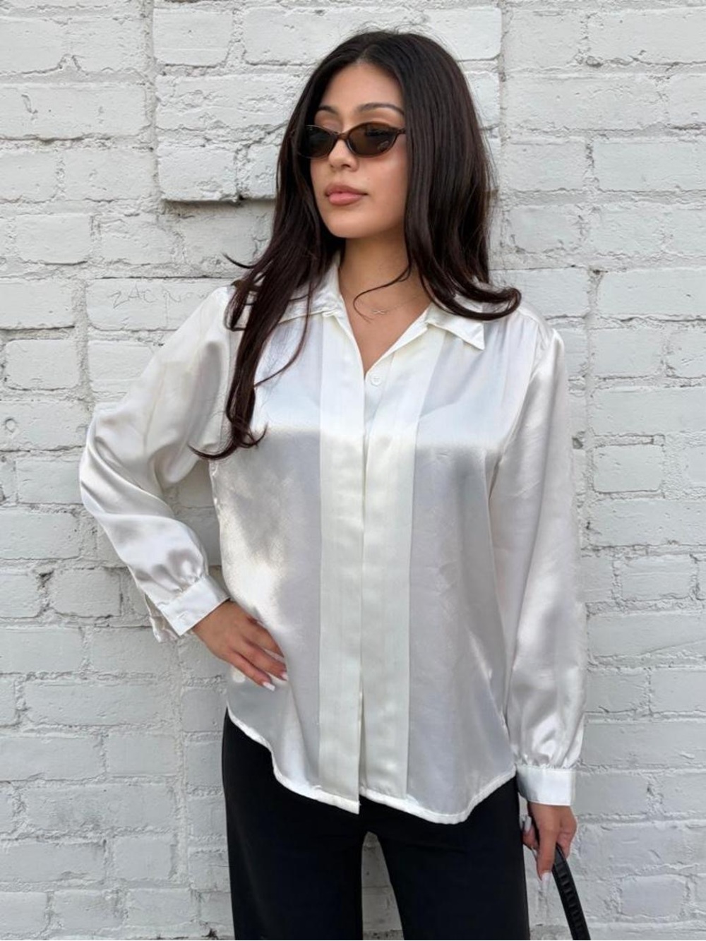 Vintage White classy satin button down blouse sz M